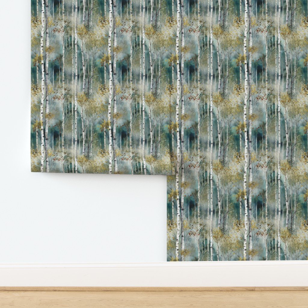 Smaller Endless Birch Tree Dreamscape Trees in Misty Forest Wallpaper design