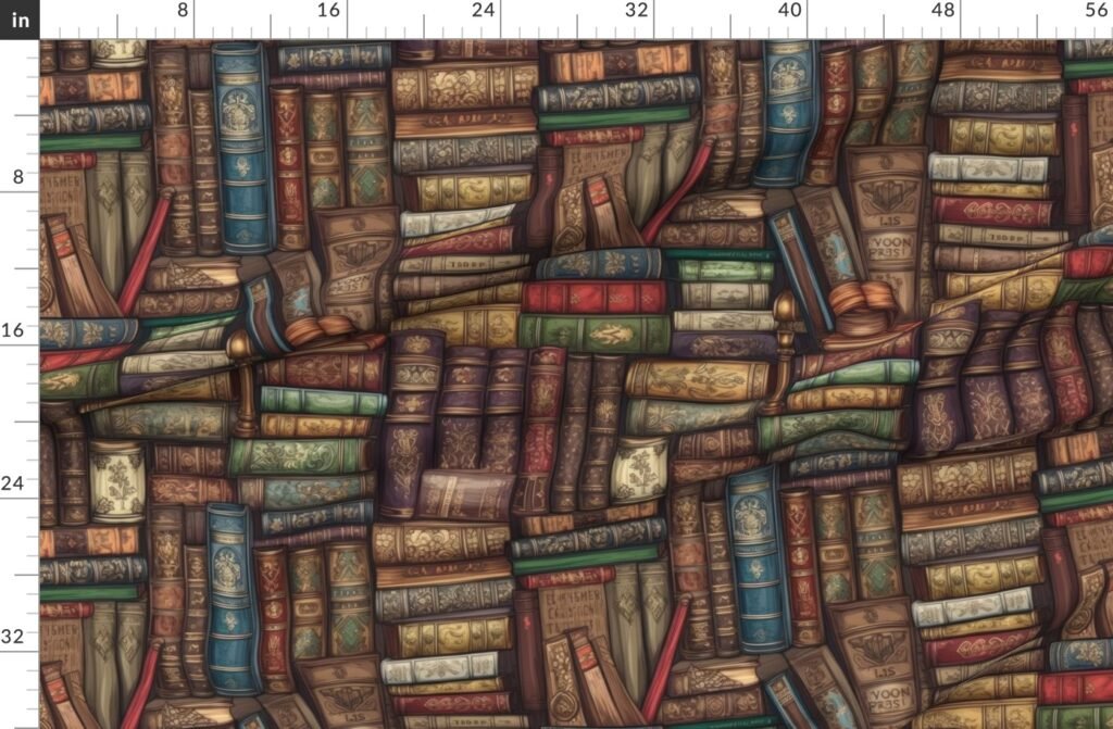 Stacked Bound Vintage Books on Library Book Shelf Fabric design