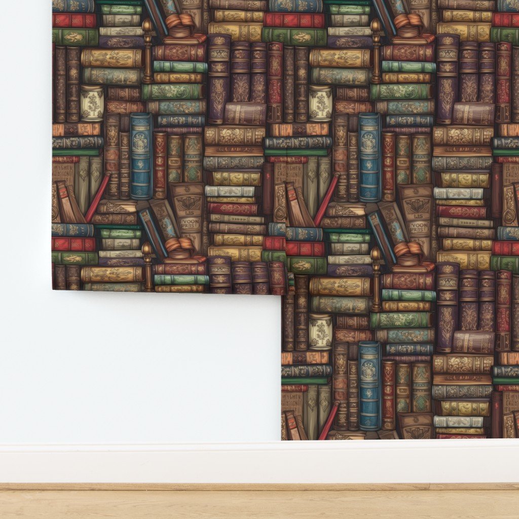 Stacked Bound Vintage Books on Library Book Shelf Wallpaper design