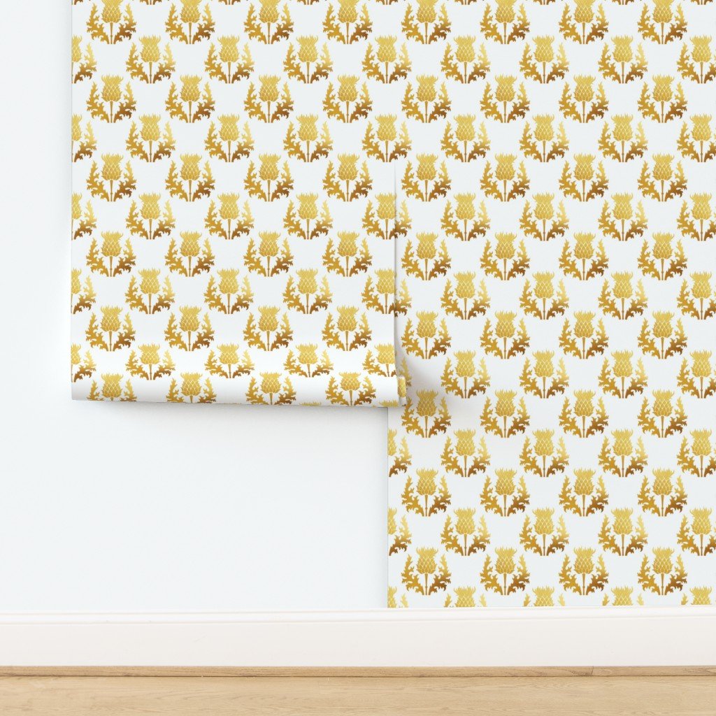Large Scottish Thistle Flower of Scotland Gold on White Wallpaper design