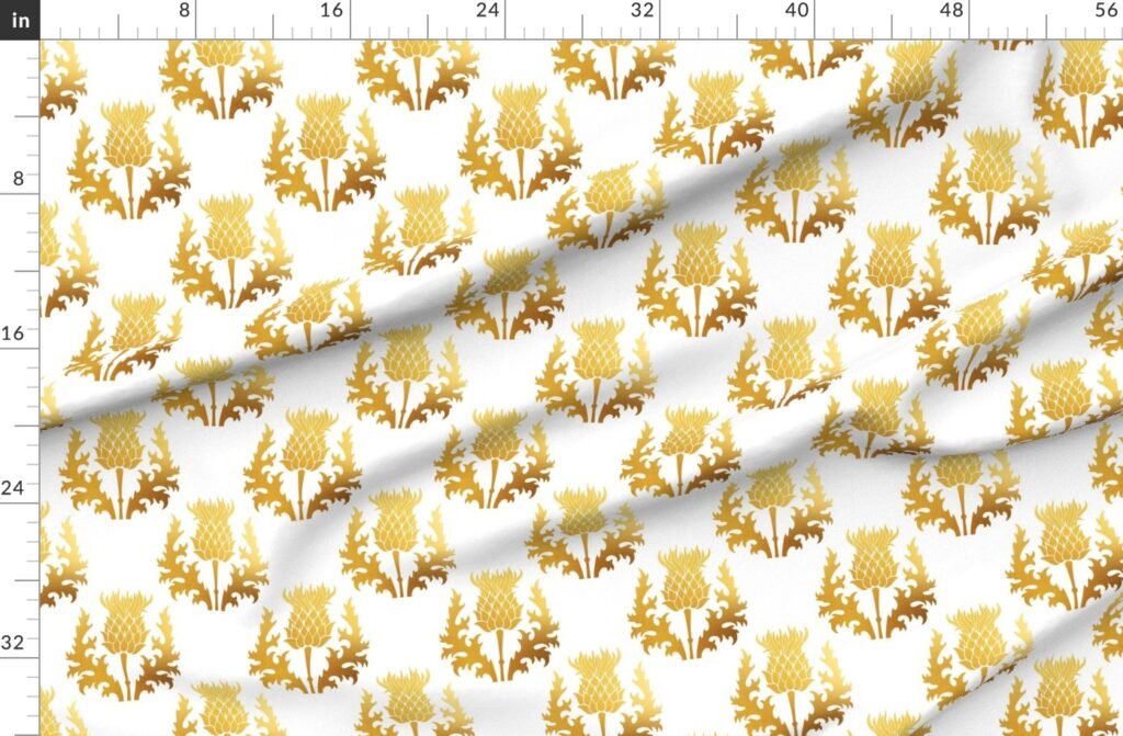 Large Scottish Thistle Flower of Scotland Gold on White Fabric design