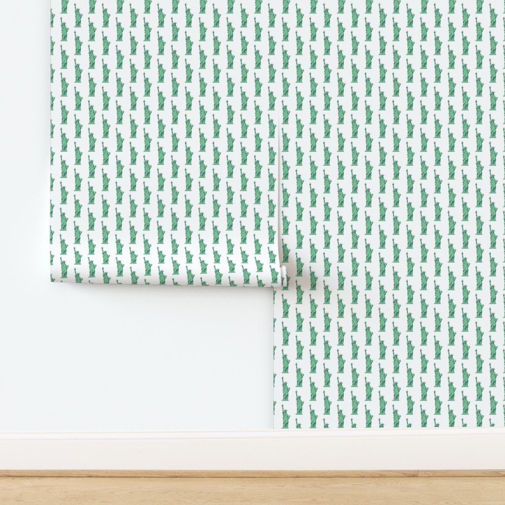 Mini Lady Liberty Statues Repeat in Beguiling Green on White Wallpaper design