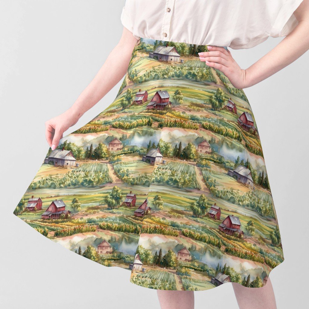 Summer Farm Landscape Watercolor Fabric farm fields fabric