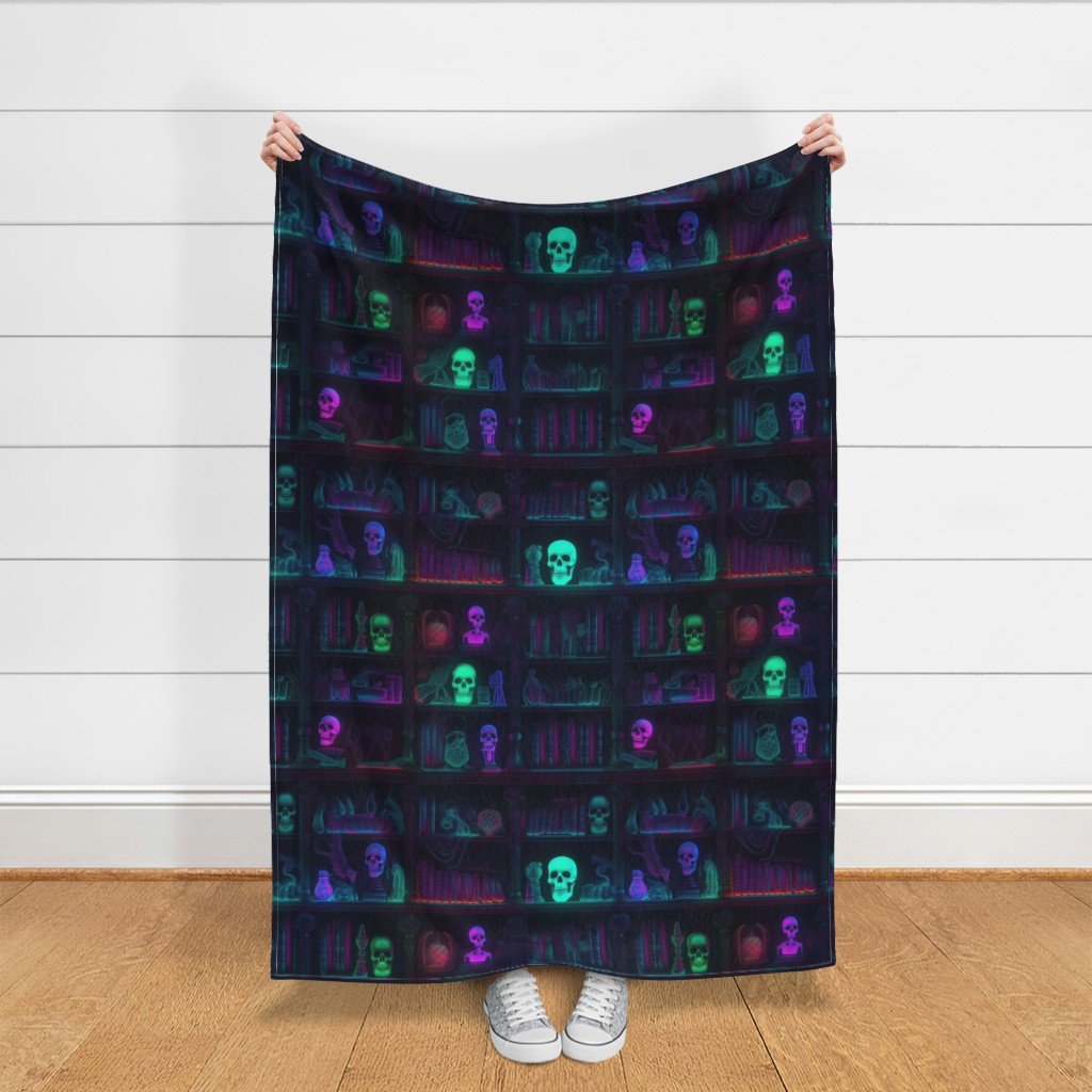 Spooky Photo realistic Dark Academia Bookshelves in Bright Neons Fabric book shelves fabric