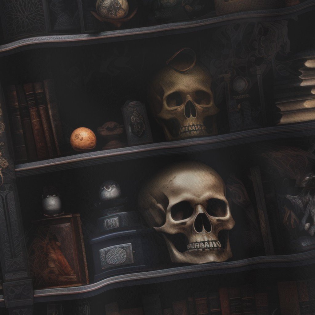 Spooky Photo realistic Dark Academia Bookshelves in Muted Tones with Fabric book shelves fabric