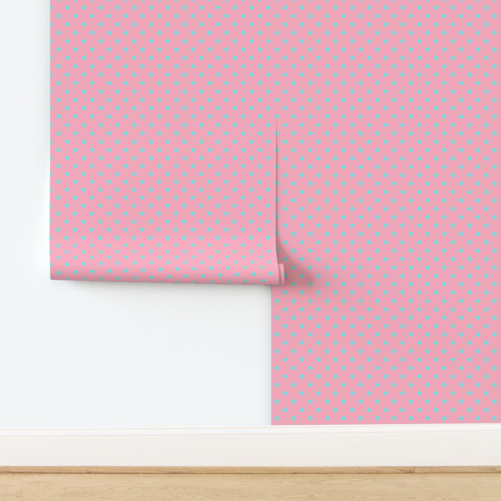 Small Polka Dots in South Beach Aqua Blue on Palm Beach Pink Wallpaper design