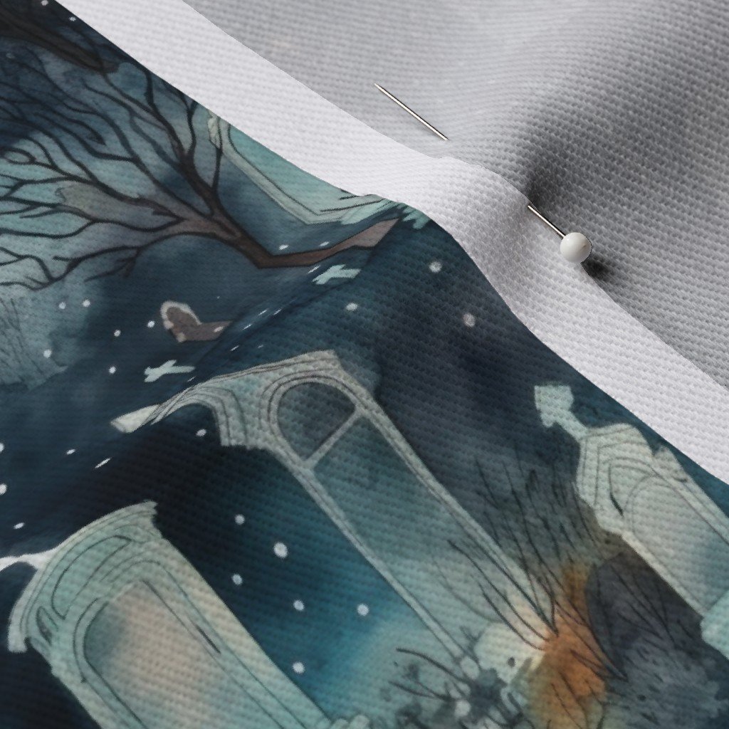 Mini Haunted Graveyard and Night Mist Blue Moonlight with Ghosts Fabric blue mist fabric