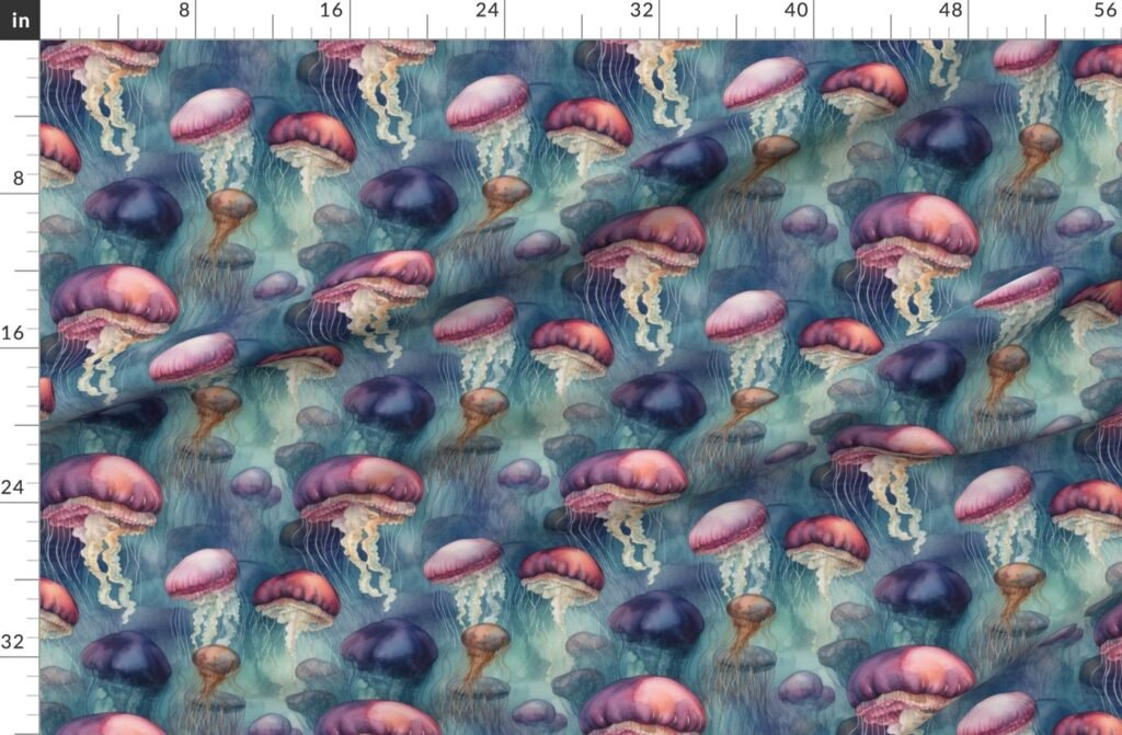 Underwater Watercolor of Brightly Colored Jelly Fish with Fabric design