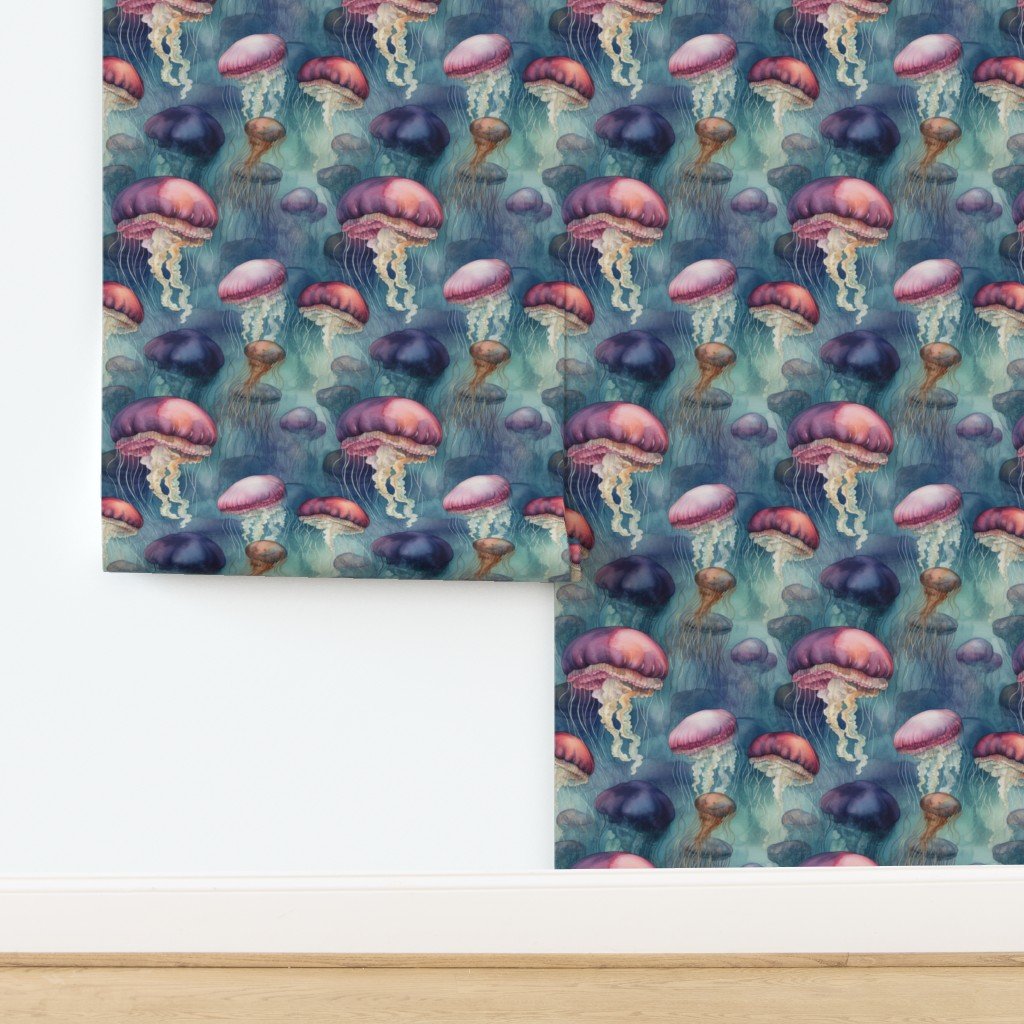 Underwater Watercolor of Brightly Colored Jelly Fish with Wallpaper design