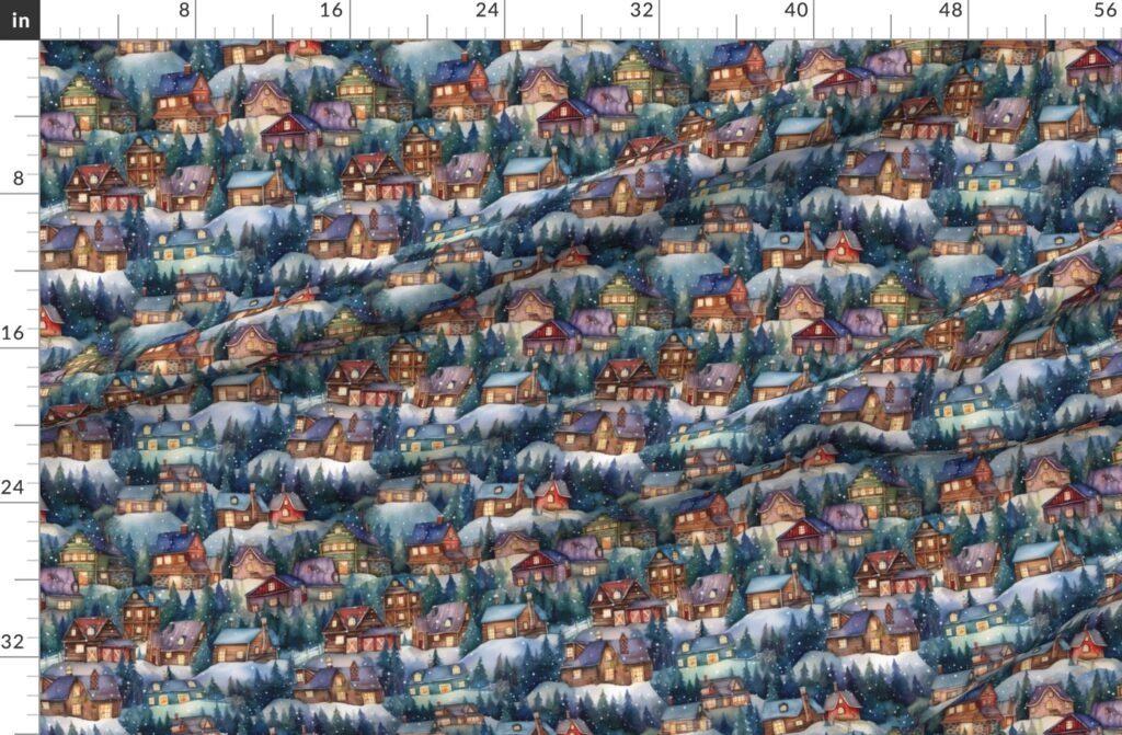 Small Christmas Rustic Country Winter Cabins Watercolor Fabric design