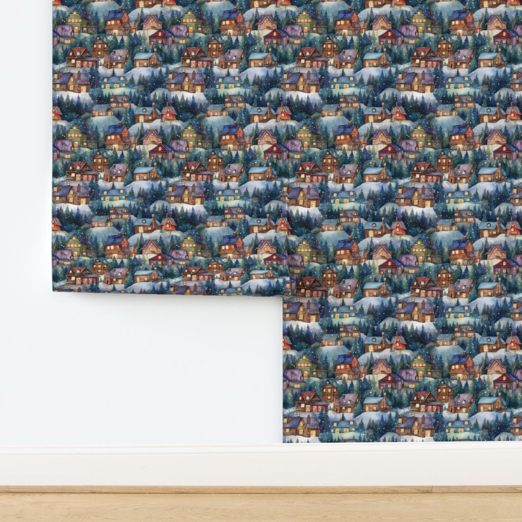 Small Christmas Rustic Country Winter Cabins Watercolor Wallpaper design