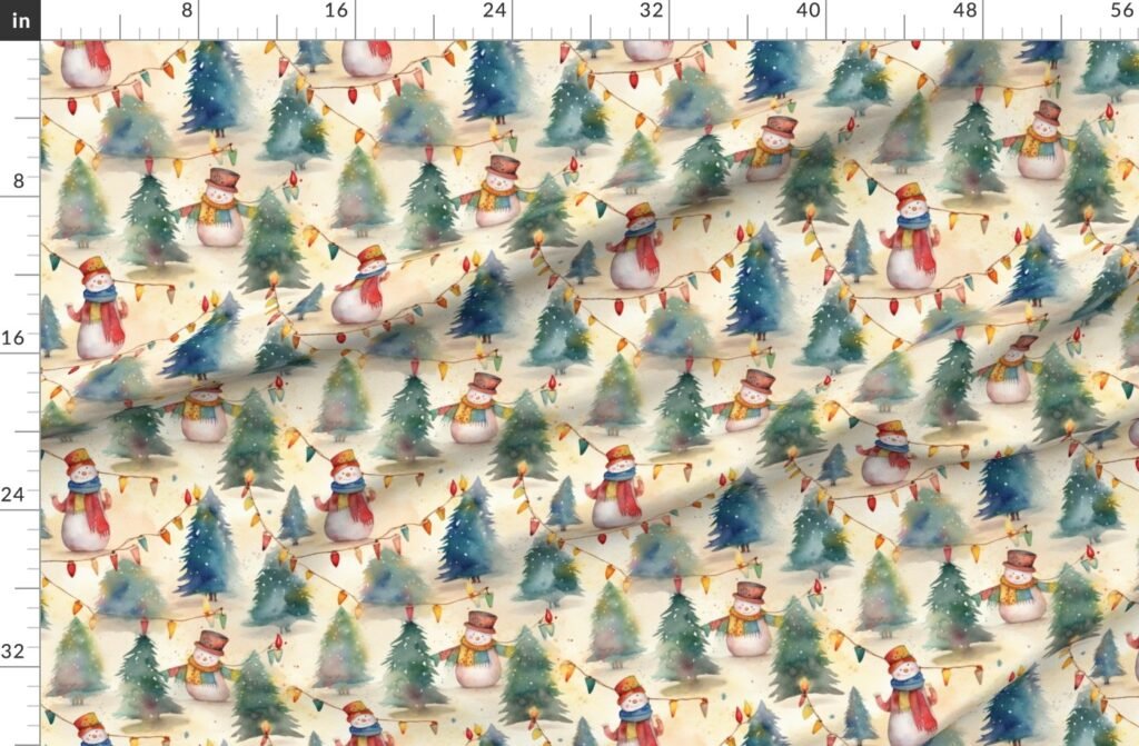Christmas Snowmen with Christmas Lighted Trees Watercolor Fabric design