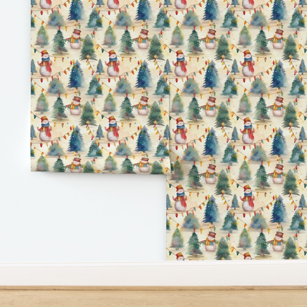 Christmas Snowmen with Christmas Lighted Trees Watercolor Wallpaper design