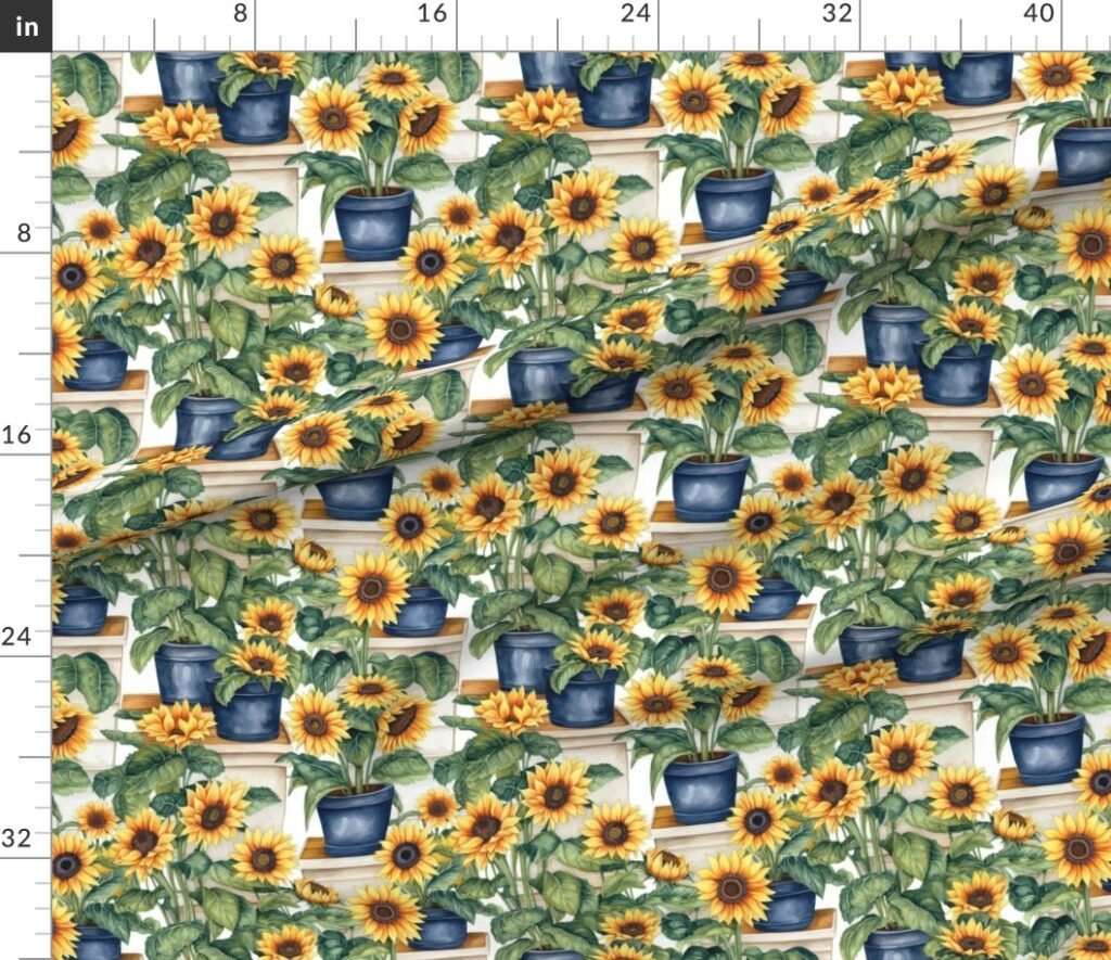 Potted Yellow Sunflower Plants Watercolor Fabric design