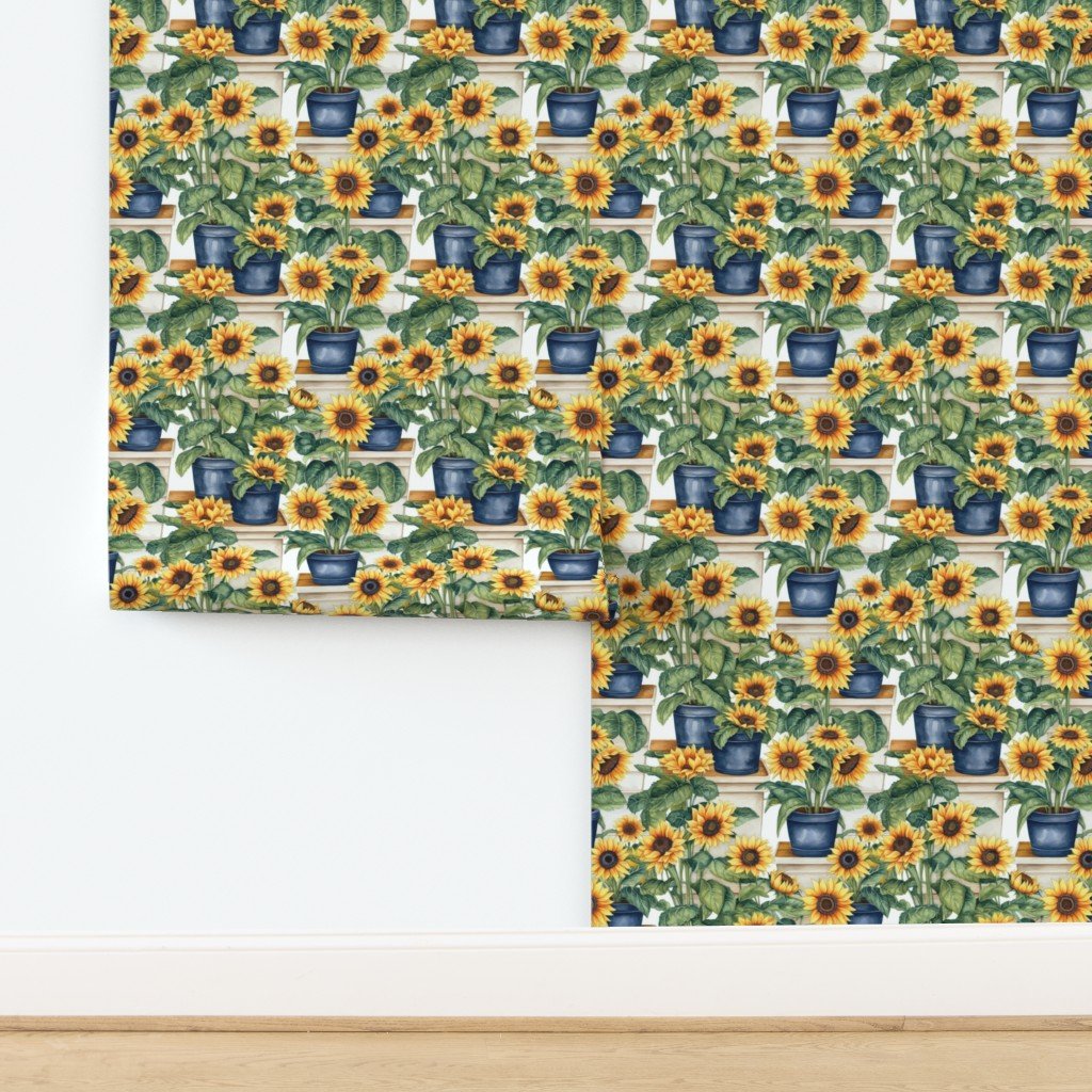 Potted Yellow Sunflower Plants Watercolor Wallpaper design