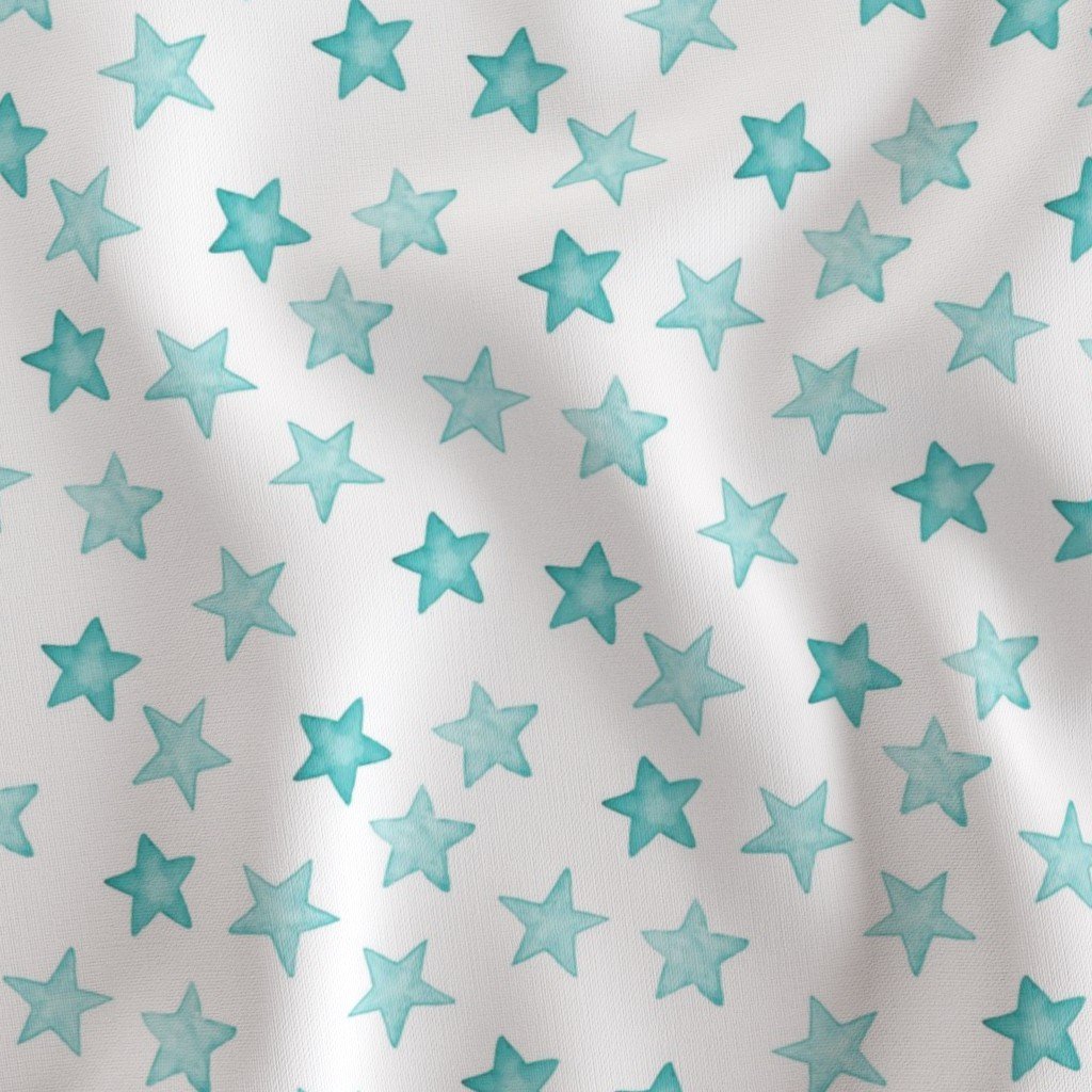 Faded Aqua Christmas Stars on White Fabric aqua blue stars fabric