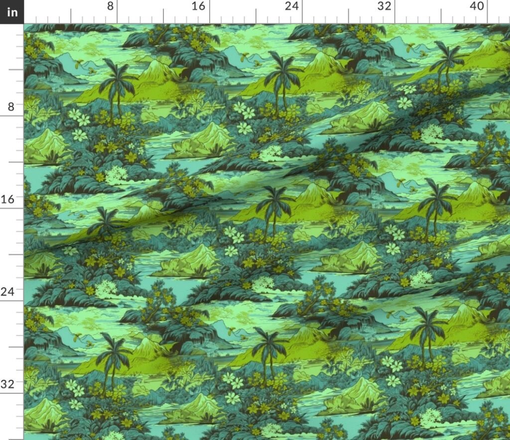 Small Vintage Hawaiian Landscape in Lime and Aqua Fabric design