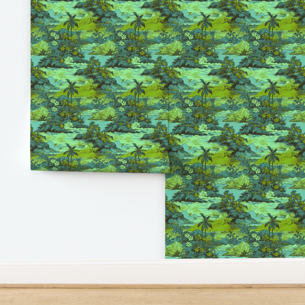 Small Vintage Hawaiian Landscape in Lime and Aqua Wallpaper design