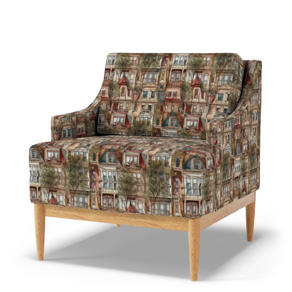 Brownstone Buildings in Varied Tones of Brown Watercolor Fabric arched windows fabric