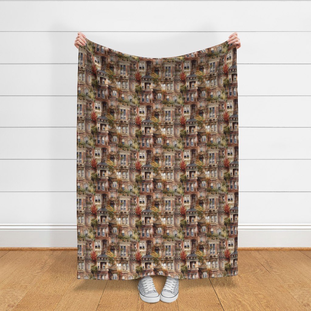 Brownstone Buildings in Varied Tones of Brown Watercolor Fabric arched windows fabric