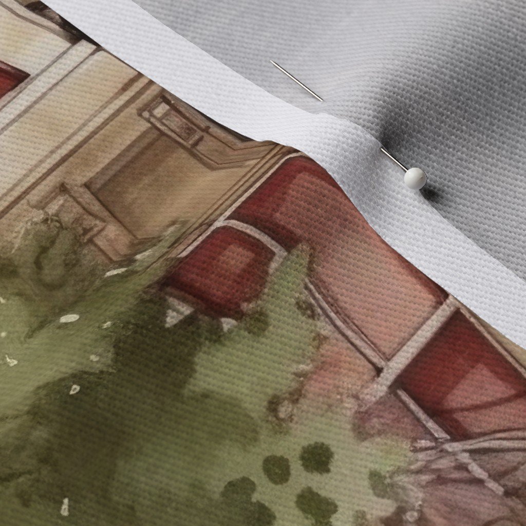 Brownstone Buildings in Varied Tones of Brown Watercolor Fabric arched windows fabric