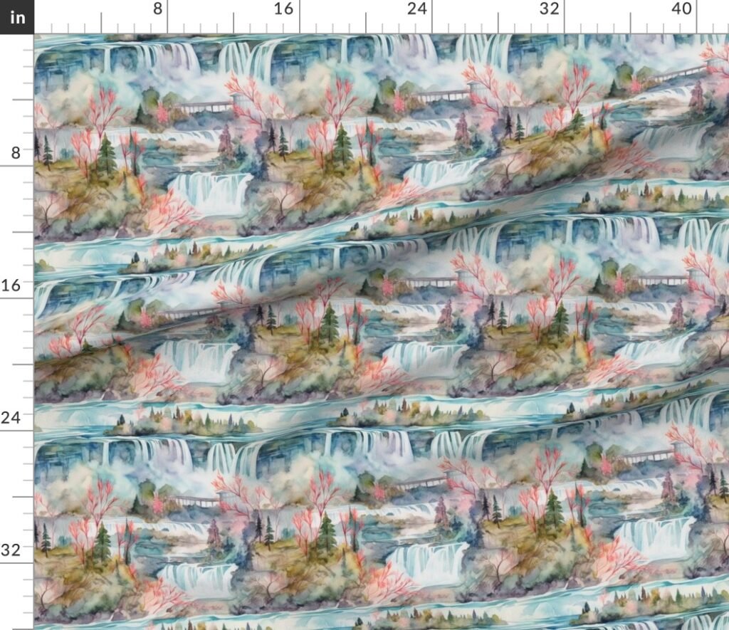Majestic Niagra Falls Waterfall Border of Two North American Fabric design