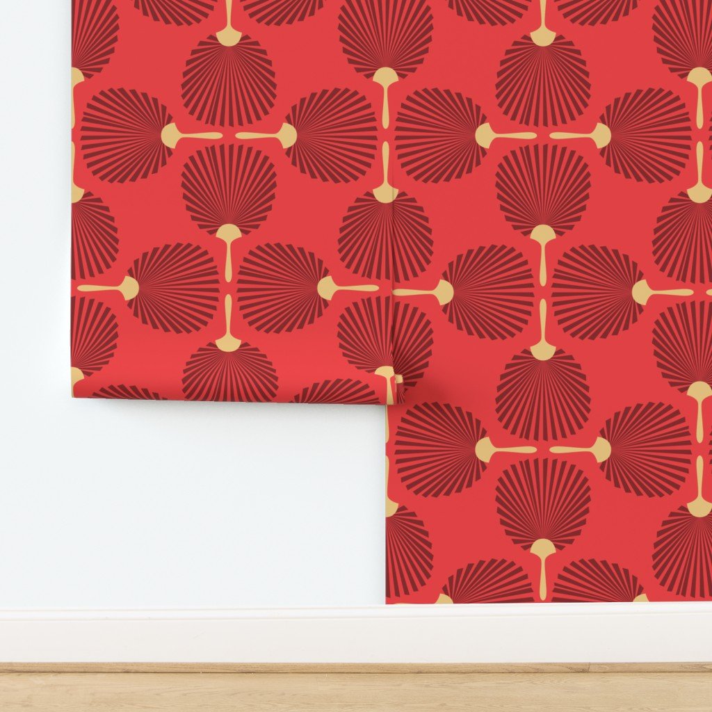 Jumbo Chinese Red Paddle Hand Fan on Lantern Red Wallpaper design