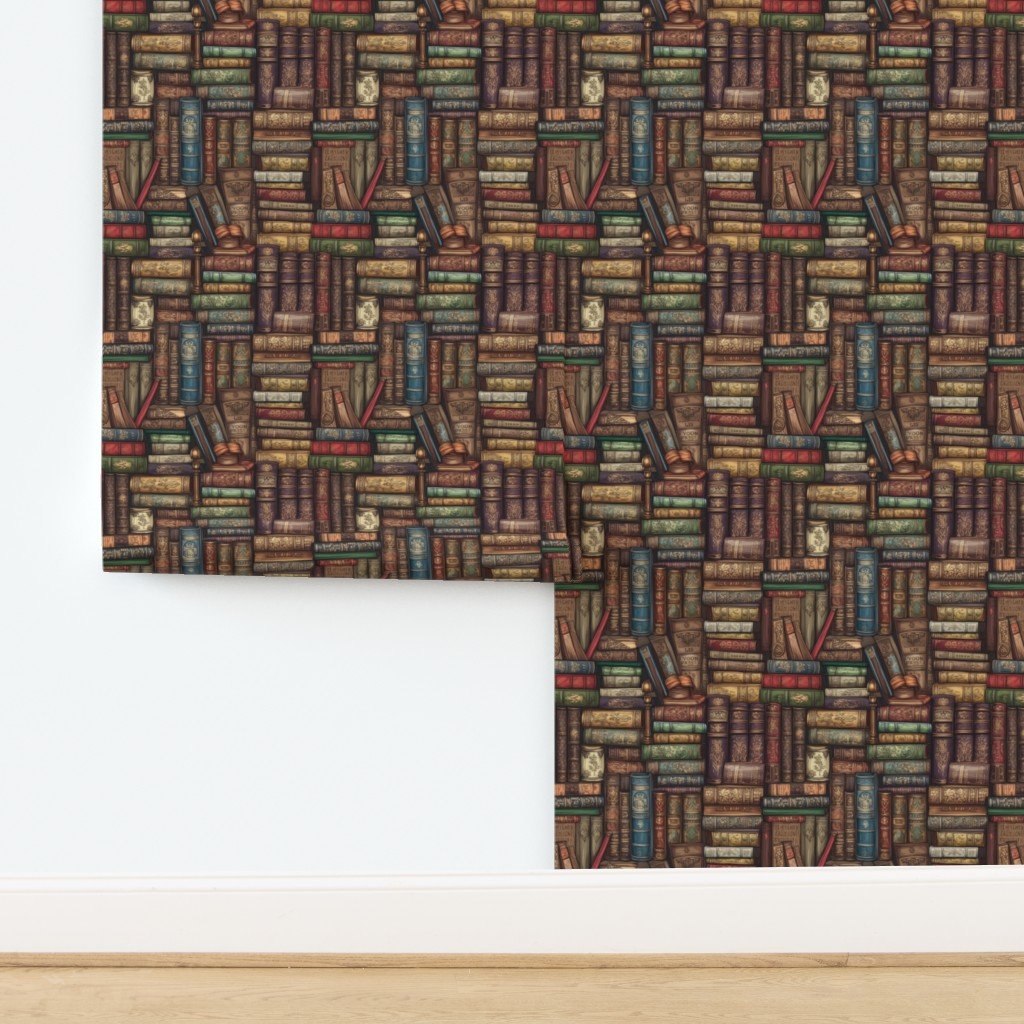 Small Stacked Bound Vintage Books on Library Book Shelf Wallpaper design