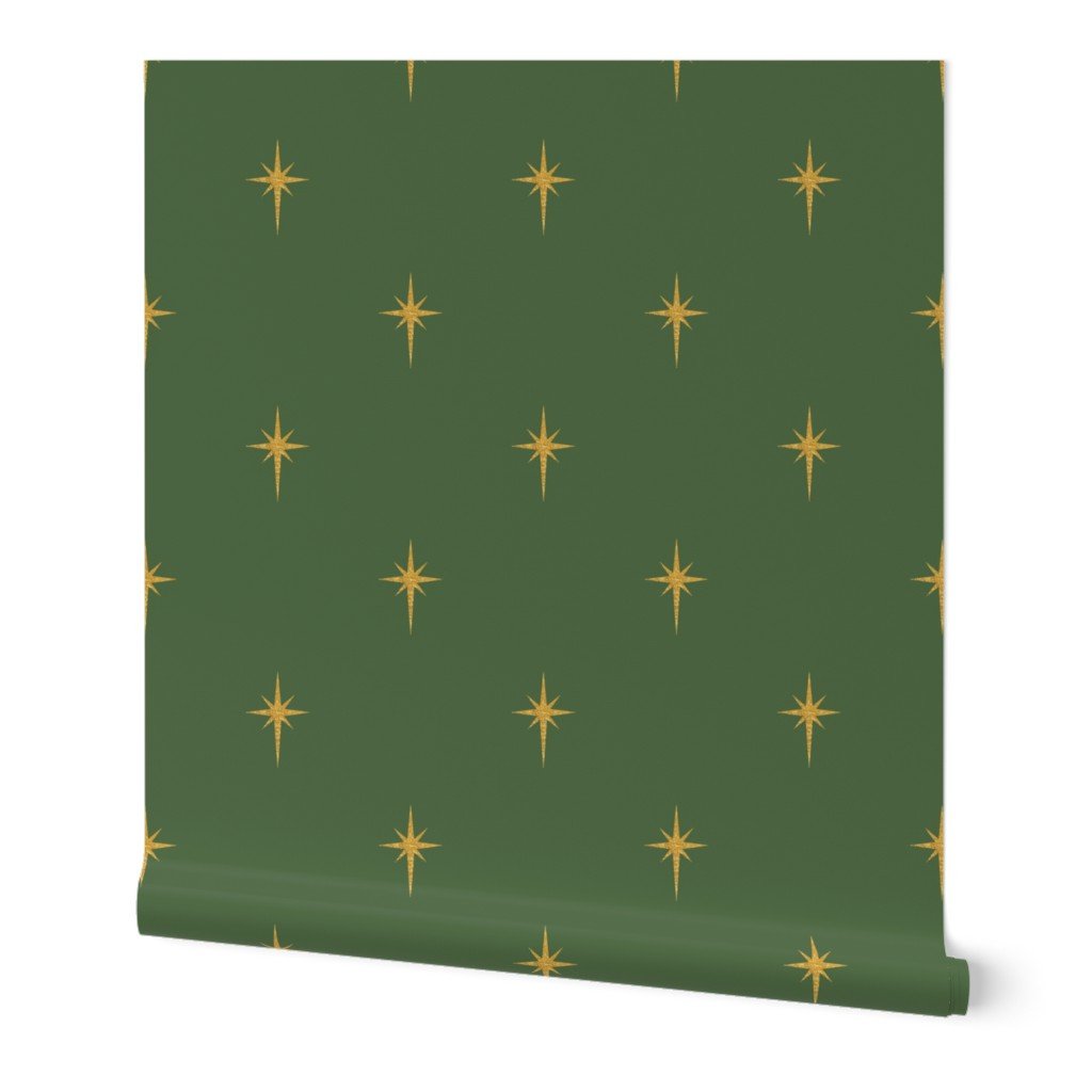 Christmas Faux Gold Foil Star in Fir Tree Green Wallpaper faux gold wallpaper