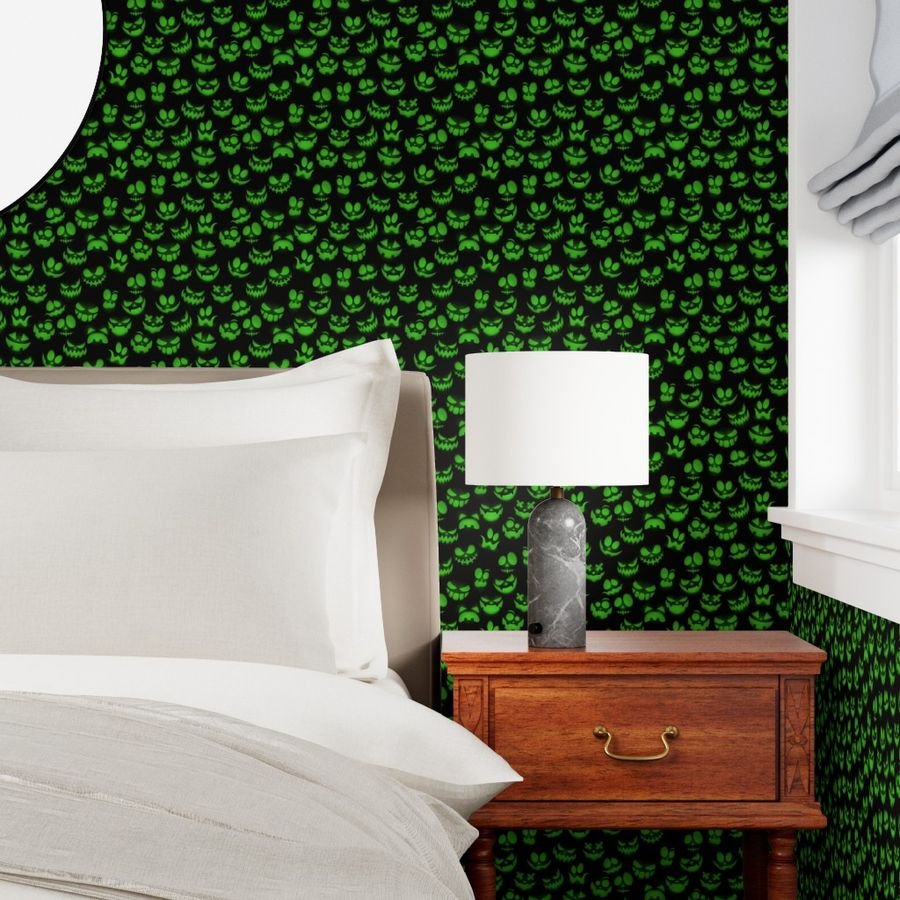 Mini Grinning Halloween Jack o Lantern Faces in Neon Green on Black Wallpaper green and black wallpaper
