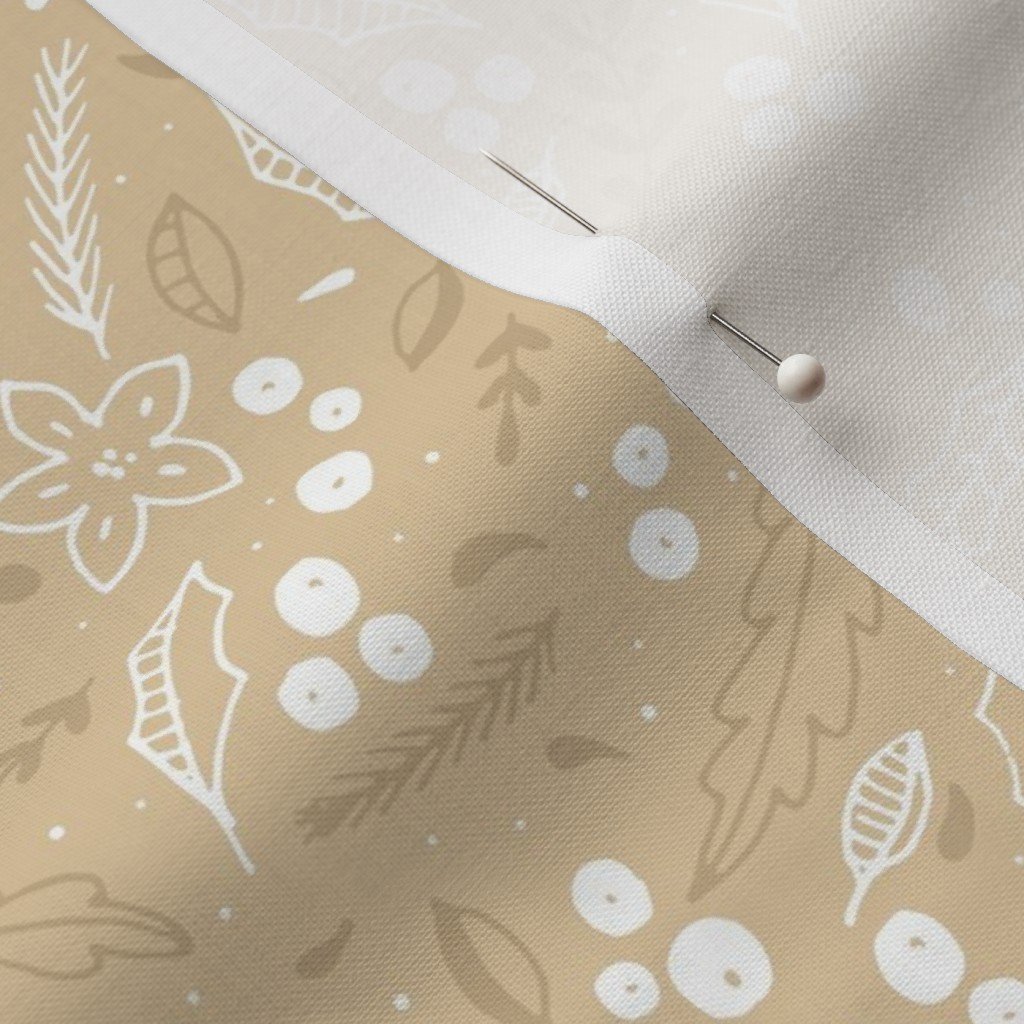 Christmas Beige and White Small Holly and Mistletoe Repeat on Pale Fabric tree branches fabric