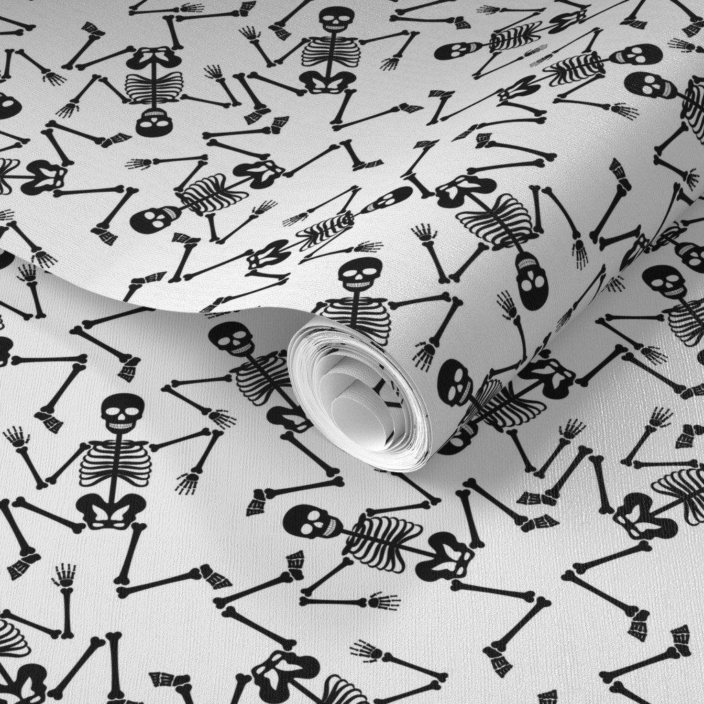 Small Black Dancing Halloween Skeletons Scattered On White Wallpaper black white wallpaper