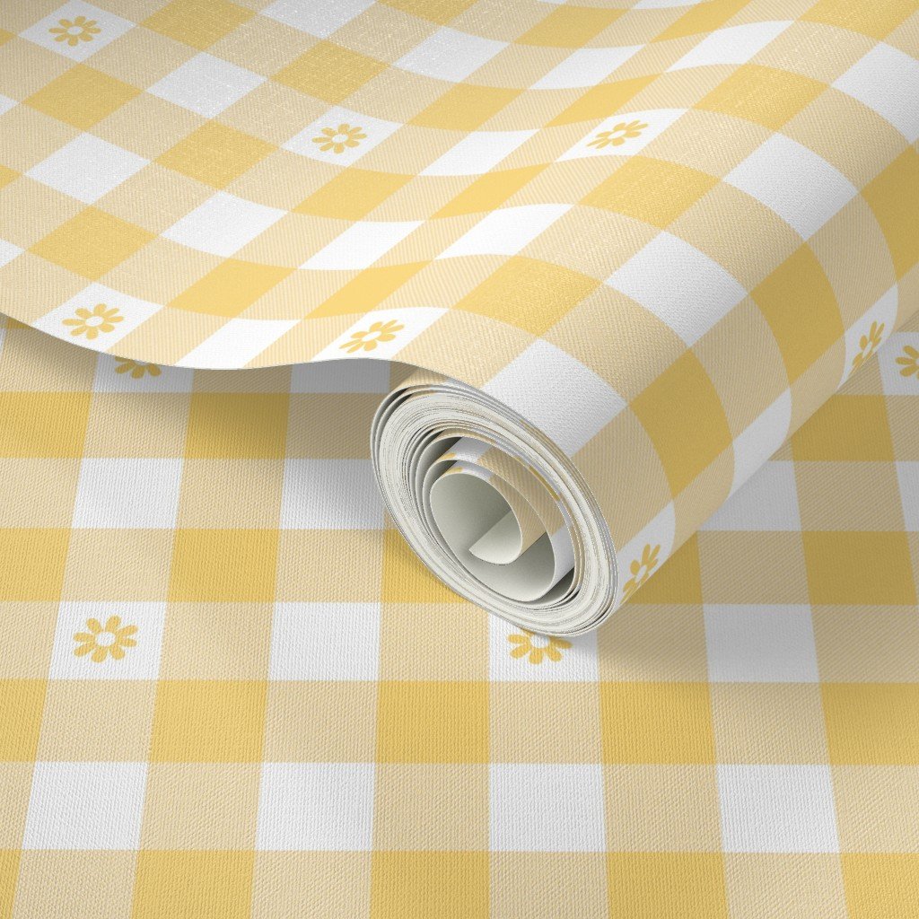 Buttercup Yellow and White Gingham Check with Center Floral Medallions in Home Decor Collection Home Styling Collection cafe gingham wallpaper