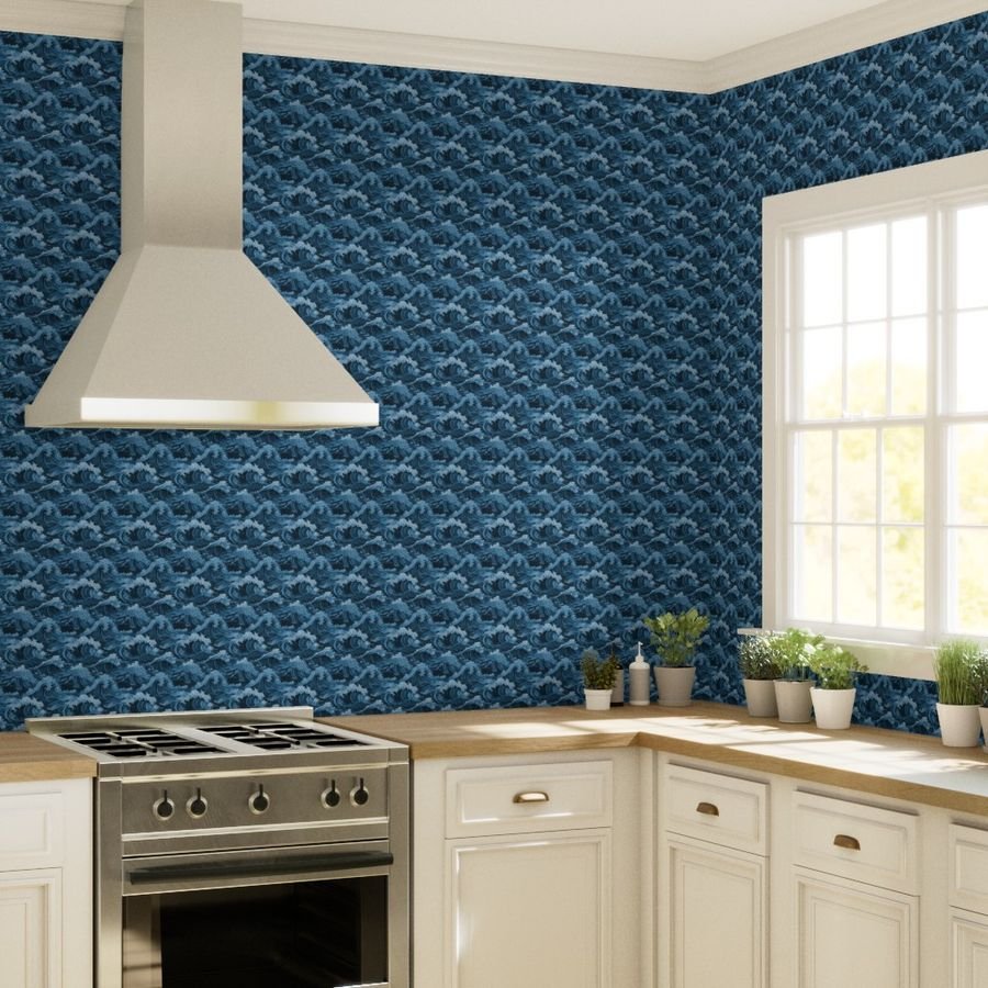 Japanese Woodcut Big Tsunami Waves in Shades of Mid-Blue Wallpaper japanese woodcut wallpaper