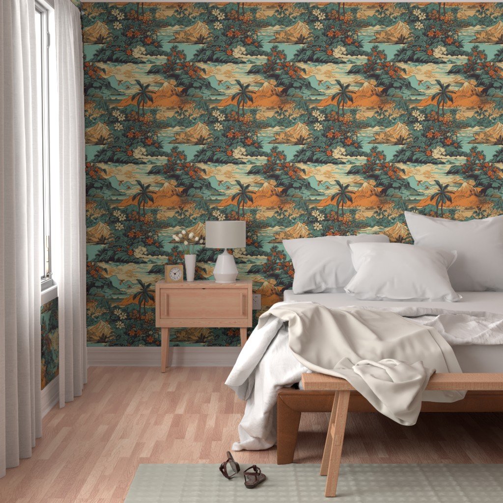Vintage Hawaiian Landscape Teal Interior Collection Home Styling Collection old hawaii wallpaper
