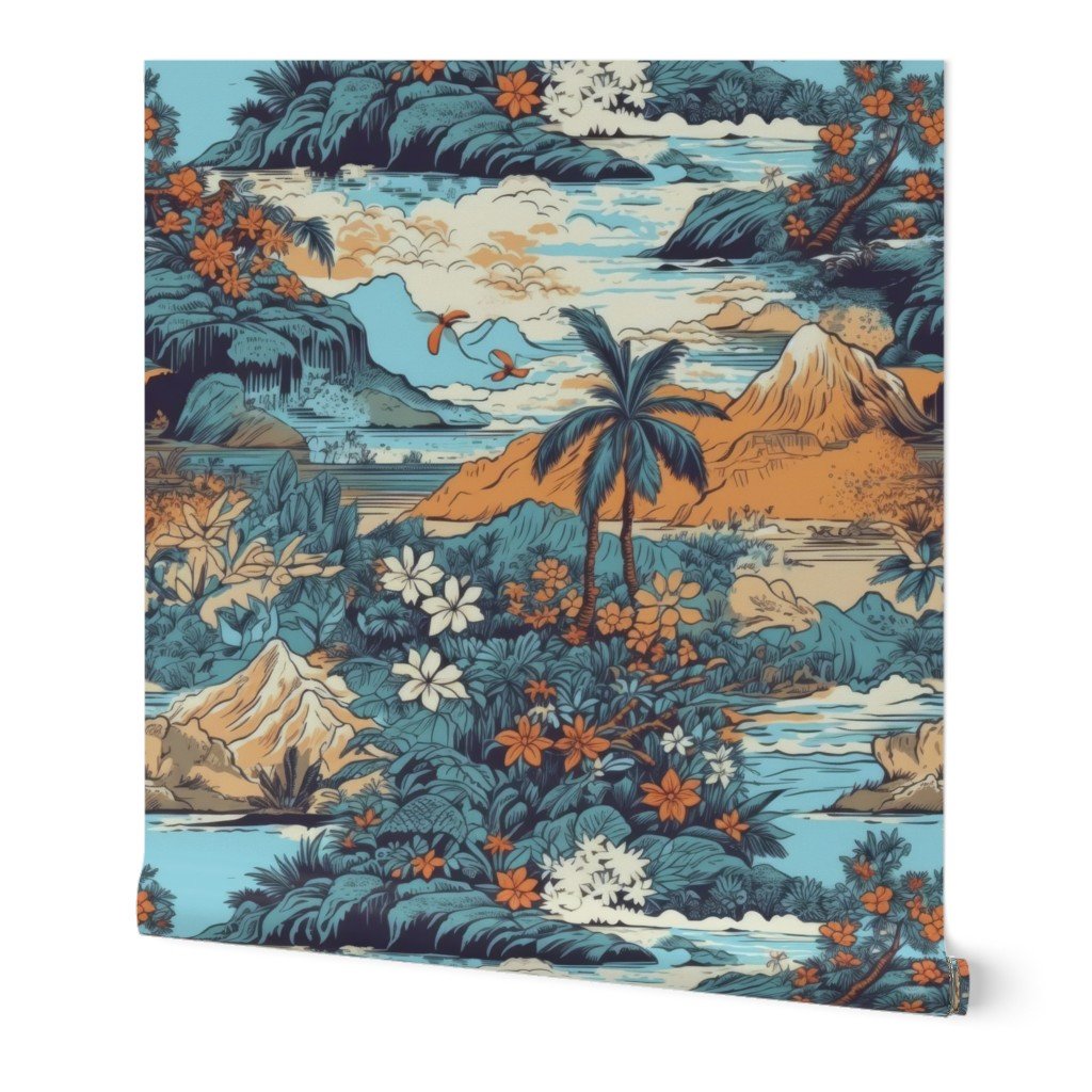 Vintage Hawaiian Landscape Blue Wallpaper vintage print wallpaper