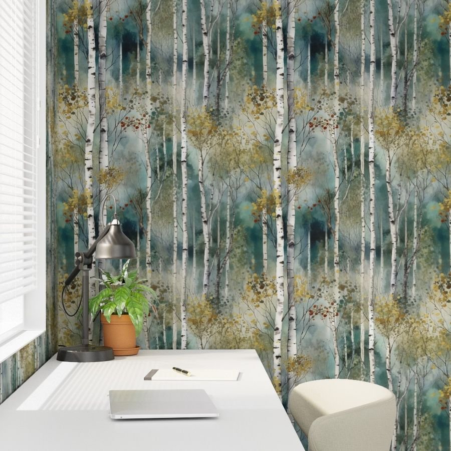 Endless Birch Tree Dreamscape Trees in Misty Forest Watercolor Wallpaper seamless forest wallpaper