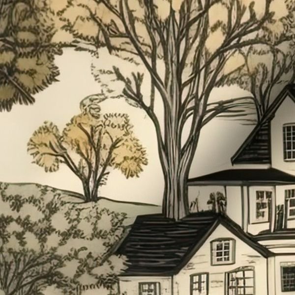 New England Village Houses with Trees in Muted Colors Home Styling Collection Decor Collection new england fabric design