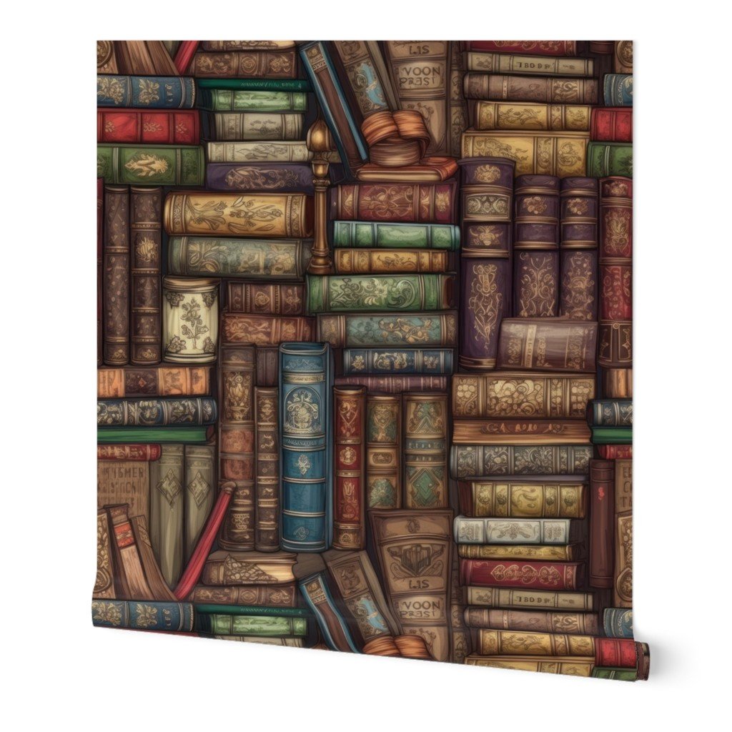 Stacked Bound Vintage Books on Library Book Shelf Wallpaper life-size books wallpaper