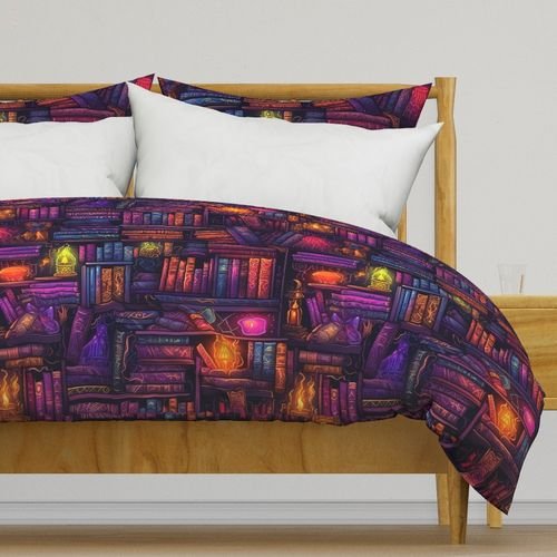 Witch Spooky Neon Halloween Books on Library Spell Book Shelf Home Decor Collection Decor Collection halloween spells duvet cover design
