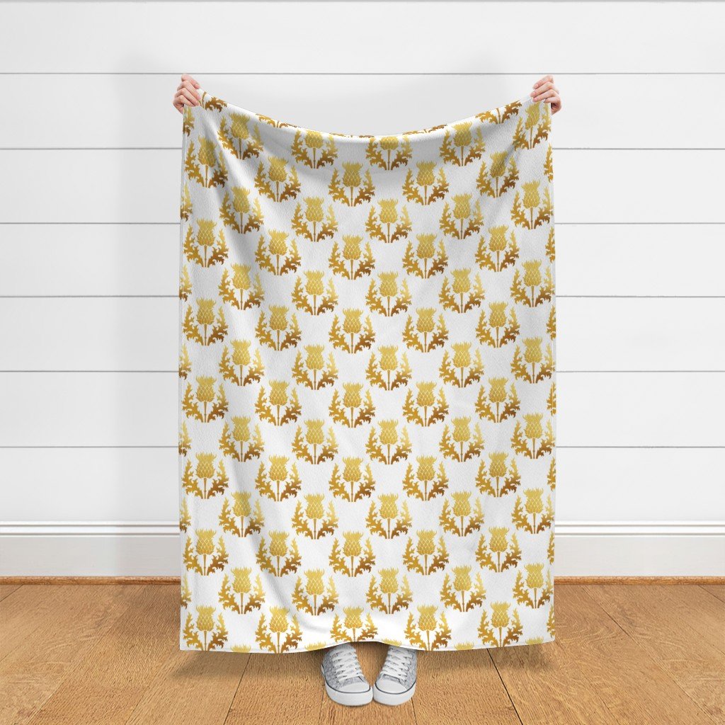 Large Scottish Thistle Flower of Scotland Gold on White Fabric scottish thistle fabric