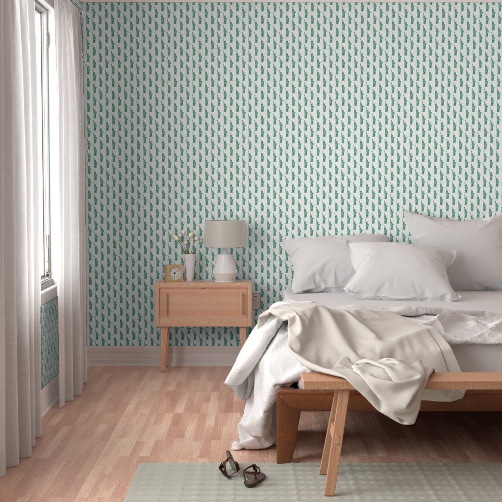 Mini Lady Liberty Statues Repeat in Beguiling Green on White Wallpaper green on white wallpaper