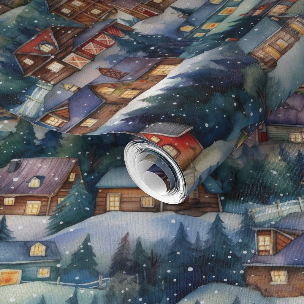 Small Christmas Rustic Country Winter Cabins Watercolor Wallpaper christmas scene wallpaper