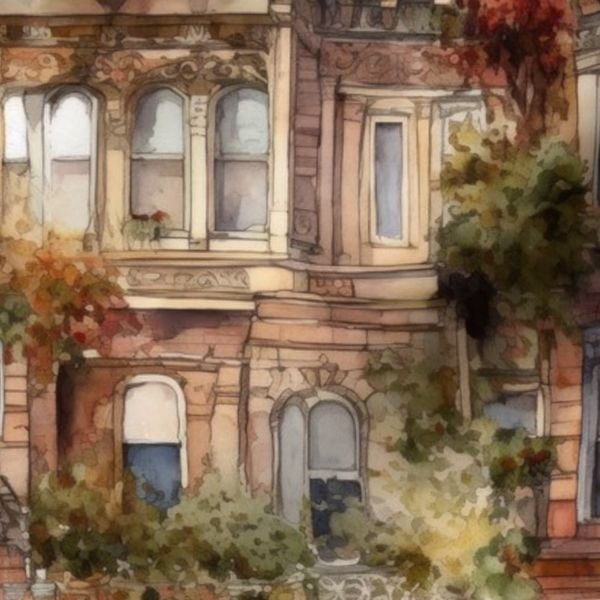 Brownstone Buildings in Varied Tones of Brown Watercolor Design Collection Interior Collection arched windows fabric design