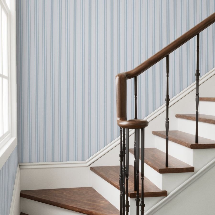 Sky Blue French Provincial Ticking Stripe on Off-White Wallpaper french stripes wallpaper