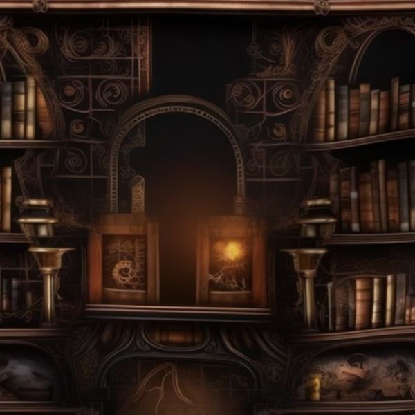 Spooky Photo realisticSmall Dark Academia Stampunk Bookshelves in Muted Design Collection Design Collection book shelves fabric design