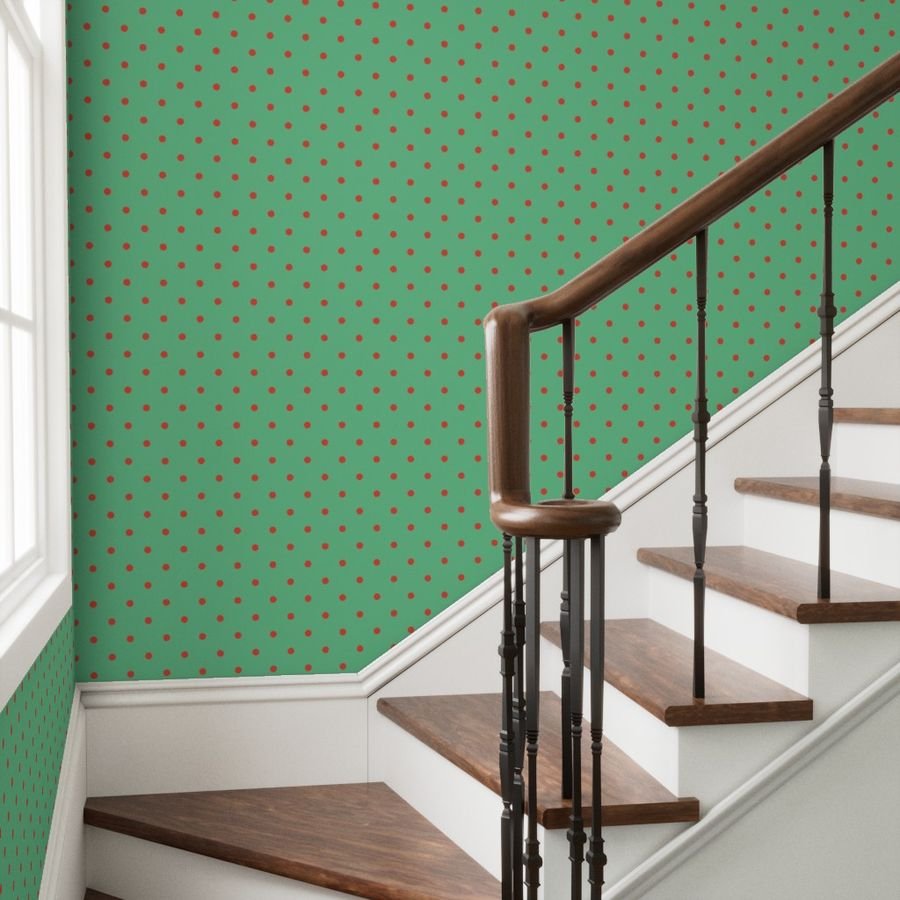 Red Vermillion Polka Dots on Vintage Christmas Green Wallpaper gold and green wallpaper