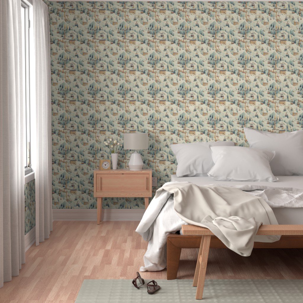 Vintage Ski Slope Cabins in Soft Pastels Wallpaper pastel ski slope wallpaper