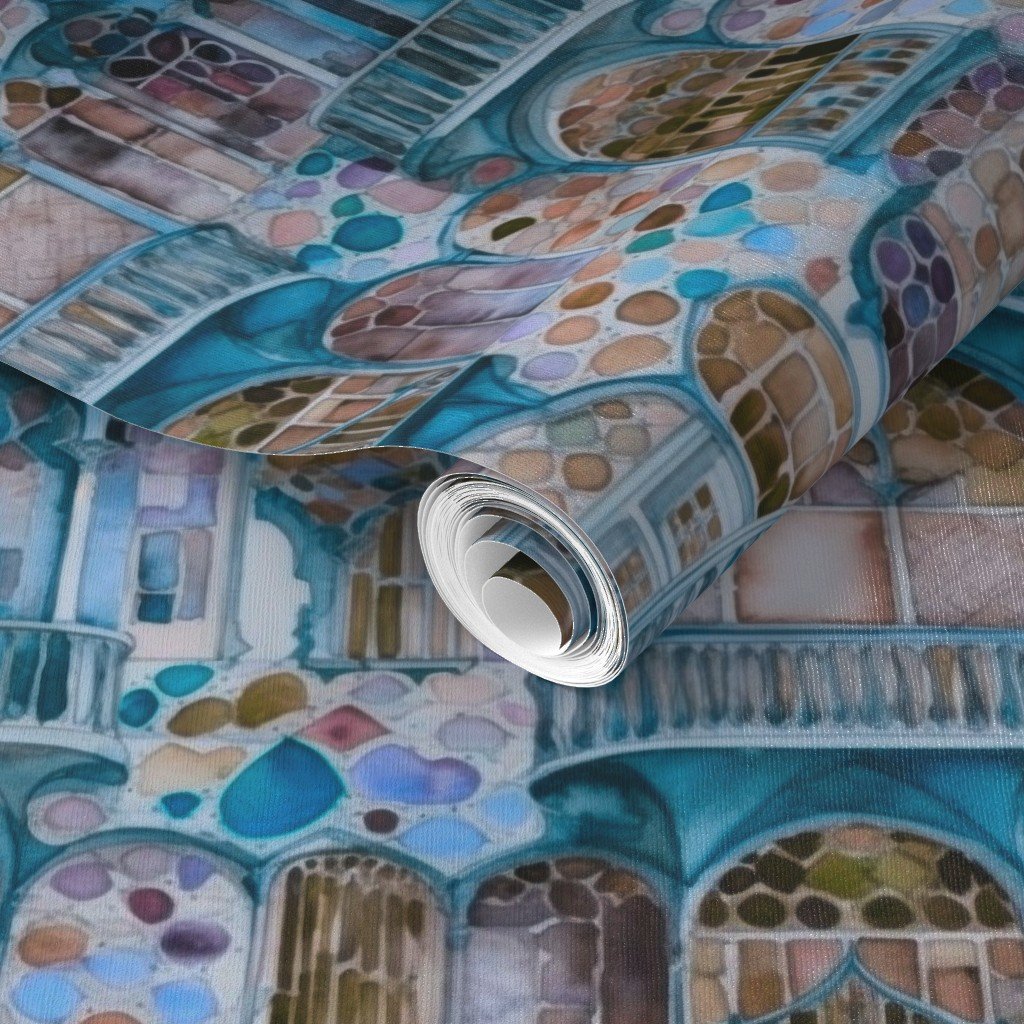 Barcelona House Architectural Detail in Windows Columns Arches and Wallpaper mosaic pattern wallpaper