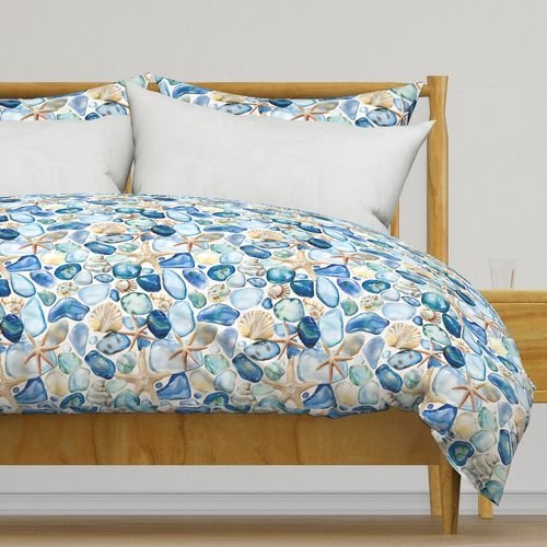 Blue and Sand Seashells and Shards of Tumbled and Scattered Watercolor Home Decor Collection Home Decor Collection blue seaglass duvet cover design